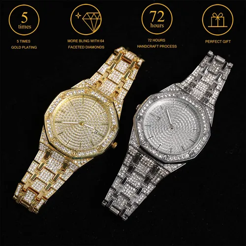 Vista 6 de Halukakah Reloj de diamantes para hombre, cazador, chapado en oro real de 18 quilates, chapado en oro blanco platino y diamantes helados, esfera