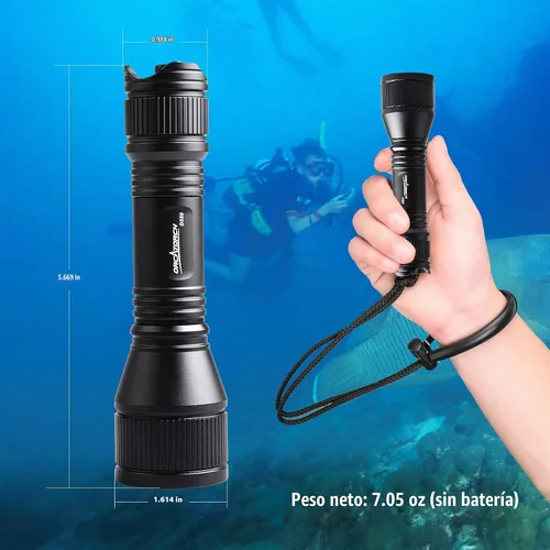 Vista 5 de ORCATORCH Luz de buceo manos libres D550 con correa para la muñeca y broche