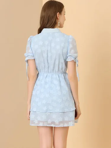 Vista 5 de Allegra K Peter Pan Collar Dress for Women's Floral Drawstring Chiffon Layered Shirt Dresses