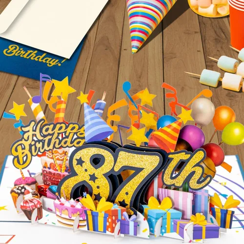 Vista 5 de iGifts And Cards Tarjeta desplegable 3D de feliz cumpleaños 87 – Diseño azul con números de purpurina, globos, pasteles y regalos – Tarjeta
