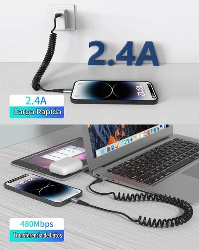 Vista 2 de Cable Lightning en espiral, paquete de 2 cables retráctiles para cargador de iPhone en el coche, cable USB a Lightning de carga rápida, compatible