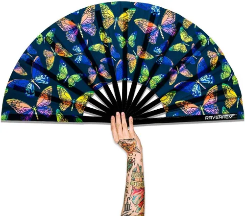 Vista 21 de Abanico para rave con brillo ultravioleta, abanico de mano plegable de bambú para hombres y mujeres (psicodélico espacial, mediano de 11 pulgadas)
