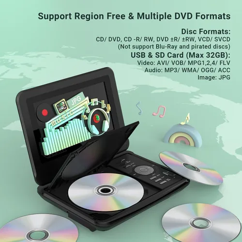 Vista 3 de POFOTO Reproductor de DVD portátil de 9.5 pulgadas para niños y automóvil con pantalla giratoria de 7.5 pulgadas, tiempo de trabajo de 4 a 6 horas