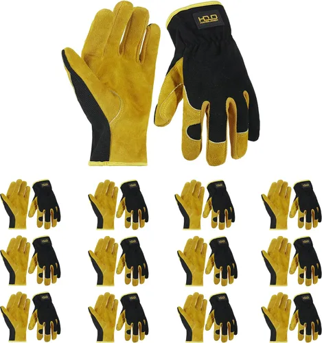 Vista 28 de HANDLANDY Guantes de jardinería de cuero para hombre, guantes de trabajo utilitarios para mecánicos, construcción, conductor