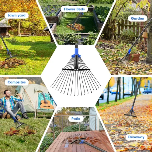 Vista 8 de Rastrillo de jardín ajustable para hojas - Rastrillo de metal resistente con cabeza expandible de 8-17" de largo, mango largo para césped, arbustos