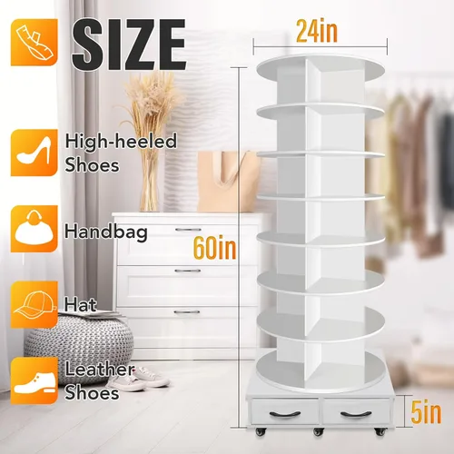 Vista 5 de Torre de estante giratorio para zapatos de 8 niveles contiene 2 cajones, Estante giratorio para zapatos Display Lazy Susan, Estantes giratorios