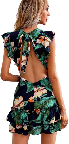 Vista 2 de SheIn Vestido corto con volantes florales para mujer manga corta cuello en V espalda descubierta vestido patinador