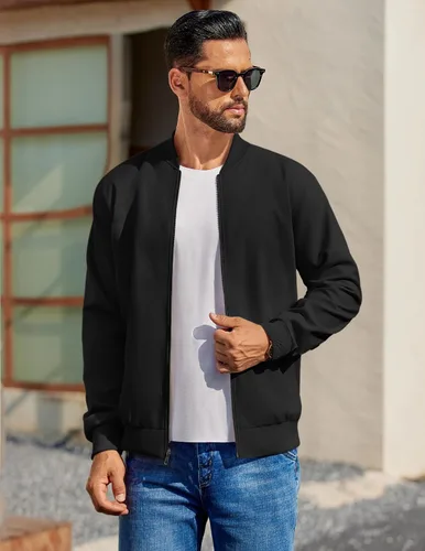 Vista 2 de COOFANDY - Chaqueta bomber de algodón para hombre, ligera, de vuelo, chaquetas casuales de softshell, chaqueta varsity