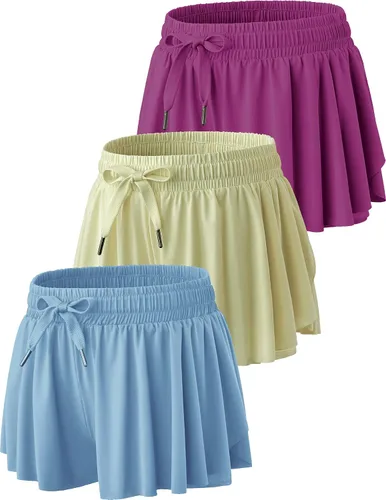 Vista 7 de Paquete de 3 pantalones cortos fluidos para niñas con forro de elastano, 2 en 1, faldas de mariposa para jóvenes, para fitness, correr, deportes