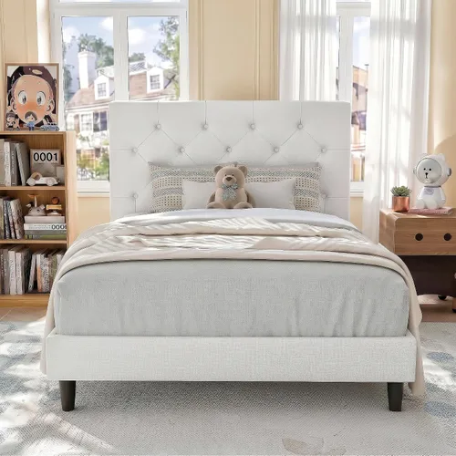 Vista 15 de HOMBCK Base de cama de tamaño individual con cabecera, base de cama tapizada con plataforma de lino para niños, base de cama de tamaño individual