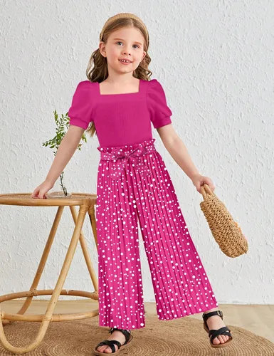 Vista 42 de DONWEN Conjunto de 3 piezas de ropa para niñas pequeñas y niñas con cuello cuadrado + pantalones elegantes + diadema para primavera y verano