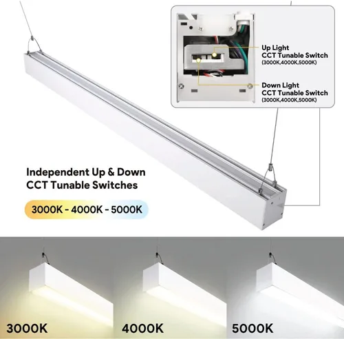 Vista 2 de Euri Lighting EUD4-50W103sw-W, Linkable 4FT Dual CCT Lineal Up/Down Light, 50W, 6500lm, 3000K/4000K/5000K, 120-277V, clasificación húmeda, 0-10V