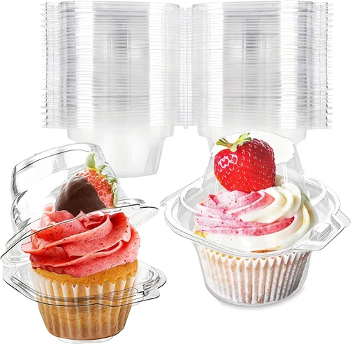 Vista 4 de 50 cajas de plástico individuales para cupcakes, portador de cupcakes con tapa hermética conectada para fiestas