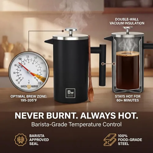 Vista 4 de Barista Warrior - Cafetera de prensa francesa, prensa francesa aislada de acero inoxidable de doble pared con termómetro integrado, cafetera de Negro