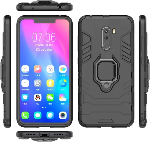 Vista 4 de Compatible con Pocophone F1, soporte de anillo de metal, a prueba de golpes, parachoques duro (funciona con soporte magnético para automóvil), Negro