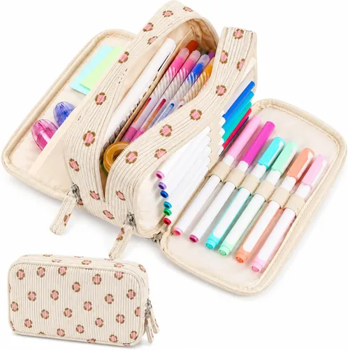 Vista 9 de Sooez Estuche de Lápices de Gran Capacidad con Funda para Bolígrafos, Bolsa de Lápiz de Corduroy Suave con 3 Compartimentos, Múltiples Bolsillos