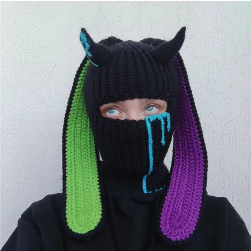 Vista 5 de Gorro de punto Y2k con cuerno de diablo y oreja de conejo largo, máscara de esquí, pasamontañas, accesorios para grunge