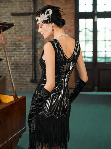 Vista 3 de SWEETV Vestido de lentejuelas para mujer, vestido con flecos de Gatsby de los años 20 con accesorios de los años 20 para formalfiestabaileclub