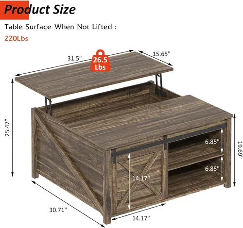 Vista 3 de PUKAMI Mesa de centro elevable con almacenamiento, mesa de centro de granja de 31.5 pulgadas para sala de estar, mesas de centro cuadradas con gran