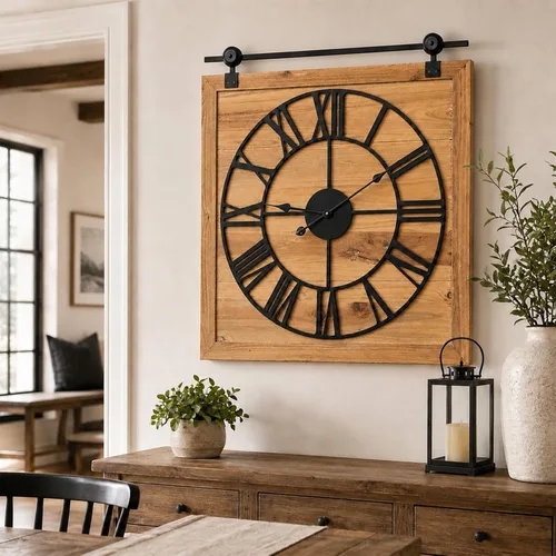 Vista 9 de EMAX HOME Reloj de pared grande estilo casa de campo, reloj de madera rústico cuadrado marrón de 24 pulgadas con letrero decorativo de madera