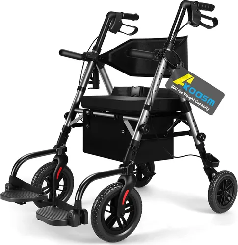 Vista 10 de Andador Rollator plegable para personas mayores con asiento, 2 en 1 ligero, silla de ruedas con ruedas para adultos, silla de transporte con frenos