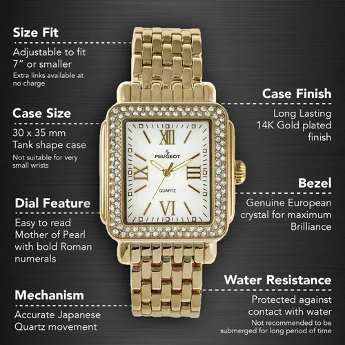 Vista 6 de Peugeot Reloj de vestir rectangular para mujer con bisel decorado de cristal, números romanos y pulsera