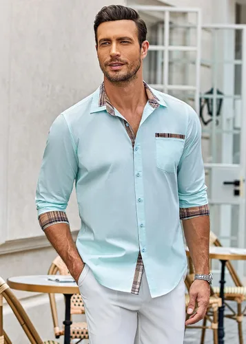 Vista 2 de COOFANDY - Camisa de vestir de algodón con mangas largas, botones y cuello a cuadros, de estilo casual, para hombres