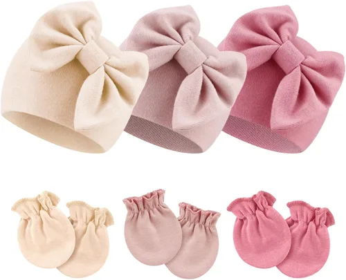Vista 22 de BQUBO Gorros para Niñas Recién Nacidas Conjunto de Gorro y Manoplas para Bebé Gorros para Infantes con Moño Gorro de Hospital con Manoplas