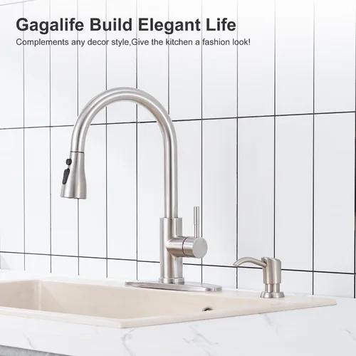 Vista 2 de GAGALIFE Dispensador de jabón empotrado en mostrador (níquel cepillado) para fregadero de cocina y kit de tubo de extensión, actualización