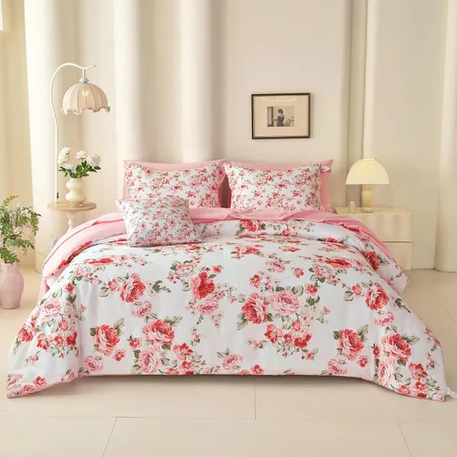 Vista 12 de Koniroom 6-Piece Pink Comforter Set Twin Size - Reversible Beige White Flower Bed in a Bag with Sheets, Pillowcases, Shams, and Decorative Pillow