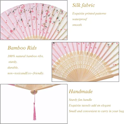 Vista 2 de QIRMIZI 5 ventiladores de mano – Elegantes ventiladores plegables de seda con marcos de bambú, ventilador plegable de flecos huecos, ventilador