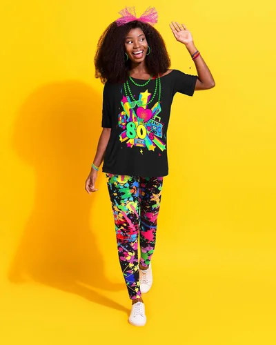 Vista 4 de 16 piezas de disfraces de los años 80, accesorios para mujer, camiseta, leggings, pantalones, guantes, aretes, collar, pulseras, conjuntos de bandas