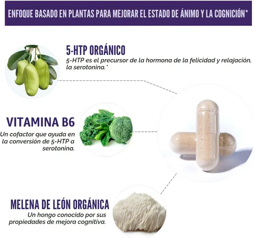 Vista 3 de 5-HTP Orgánico - 200 mg Concentración de 99% de 5HTP, más Vitamina B6 Cofactor y Lion’s Mane Extraído del Agua de Semillas de Griffonia