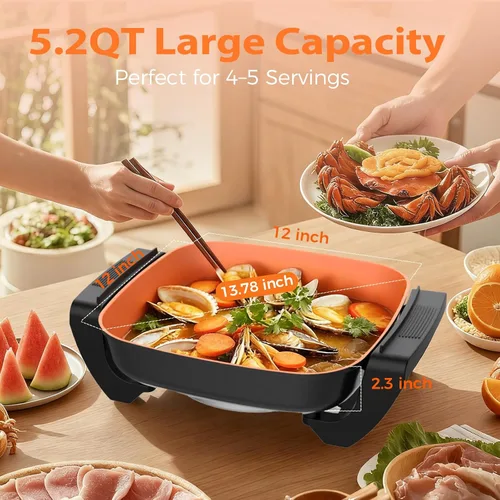 Vista 9 de OSTBA Sartén eléctrica de 12 x 12 pulgadas con tapa de vidrio, sartén antiadherente grande de 5.2 cuartos para comidas familiares, calentamiento