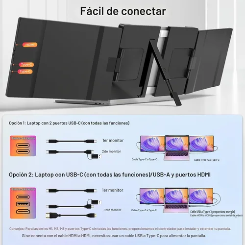 Vista 6 de Extensor de pantalla para laptop, monitor extensor de pantalla triple de 2.5 K, rotación de 360° Plug-Play múltiples pantallas para laptop Negro