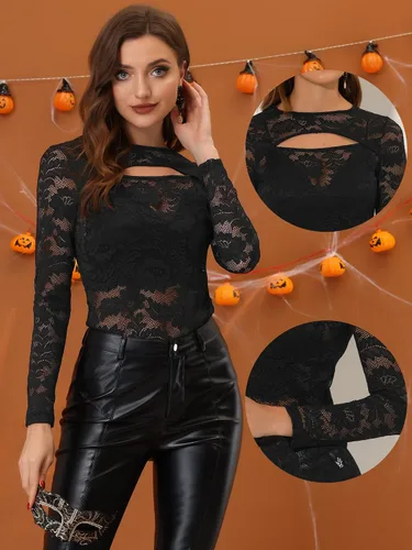 Vista 2 de Allegra K Top transparente para mujer, de manga larga, semi transparente, con encaje