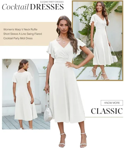 Vista 3 de Dokotoo Vestido de fiesta elegante con cuello en V para mujer, vestido de manga corta, vestido de patinadora, vestidos de invitados de boda