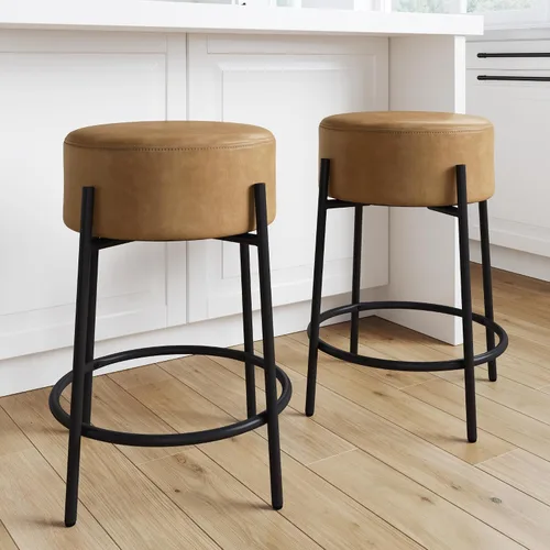 Vista 18 de Nathan James Barker Taburete de bar de altura de mostrador de madera maciza con cojín tapizado, taburete de isla sin respaldo con patas de madera