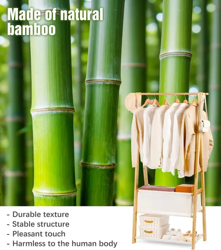 Vista 7 de Perchero de bambú con caja de almacenamiento y estante de almacenamiento, perchero portátil extra grande para ropa, armario plegable para entrada