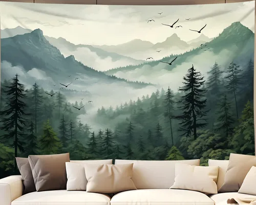 Vista 9 de QGHOT Tapiz de bosque brumoso, tapiz de montaña natural para colgar en la pared, paisaje de acuarela verde salvia, arte de pared para dormitorio