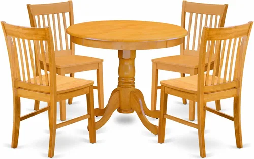 Vista 17 de East West Furniture ANNO3-MAH-C Juego de mesa y sillas de cocina de 3 piezas contiene una mesa de comedor redonda con pedestal y 2 sillas de comedor