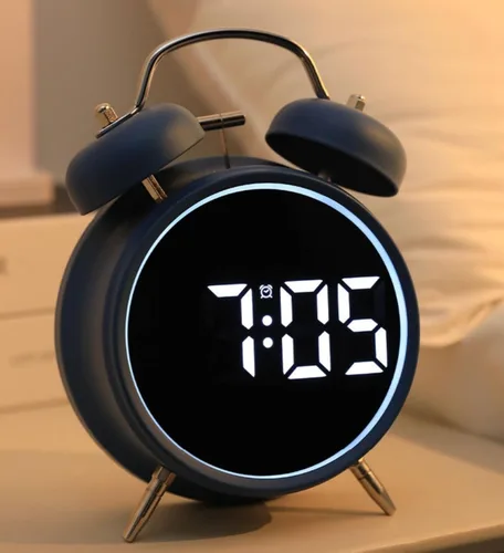 Vista 2 de Pequeño reloj despertador electrónico LED de doble campana, reloj despertador de metal ruidoso para dormir pesado, reloj despertador digital