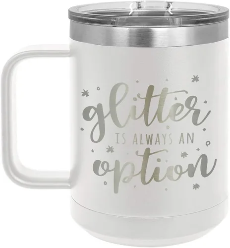 Vista 19 de GLITTER IS SIEMPRE UNA OPCIÓN Negro Taza de café de 15 oz con tapa deslizante Taza de café de viaje con aislamiento Ideas de regalos
