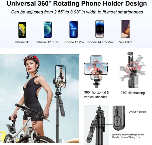 Vista 4 de Trípode de teléfono de 60 pulgadas y palo de selfie - Trípode para iPhone con control remoto, soporte extensible para teléfono celular