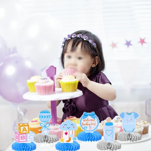 Vista 7 de 6 piezas de decoración de baby shower, centros de mesa de panal de abeja, chupete de bienvenida para bebé, niño, centro de mesa con diseño de panal