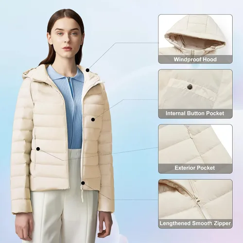 Vista 3 de BOSIDENG Chaqueta ligera para mujer, resistente al agua, con capucha, acolchada, abrigo de invierno para viajes al aire libre