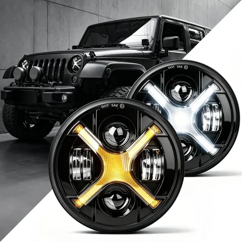Vista 8 de Faros delanteros DRL personalizados de 7 pulgadas, faros delanteros LED redondos compatibles con Jeep Wrangler JK, JKU, TJ, LJ, Chevy, Ford, GMC