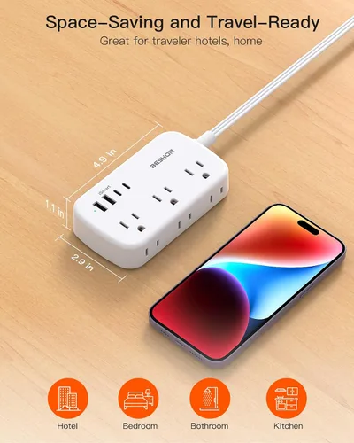 Vista 6 de Regleta de alimentación de 15 pies con enchufe plano y USB C, cable de extensión plano BESHON, 6 tomas de corriente 4 puertos USB (2 USB C), sin