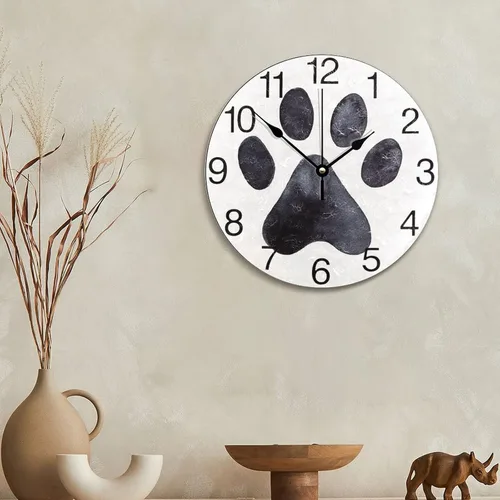 Vista 6 de Reloj de pared con estampado de pata de perro negro, reloj de madera de 10 pulgadas, silencioso, sin tictac, funciona con pilas, para sala de estar