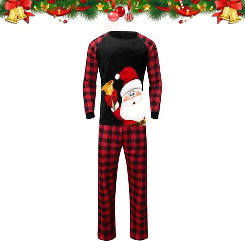 Vista 4 de JEGULV Pijamas familiares de Navidad a juego, lindos y divertidos pijamas estampados, trajes de dormir de Navidad a cuadros rojos a juego
